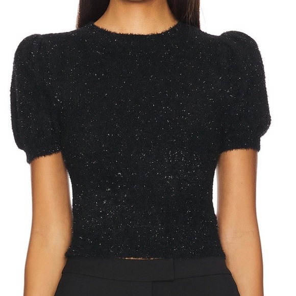 NWT Alice + Olivia Ciara Puff Sleeve Sweater XS Black Fuzzy Metallic Thread - Picture 1 of 7